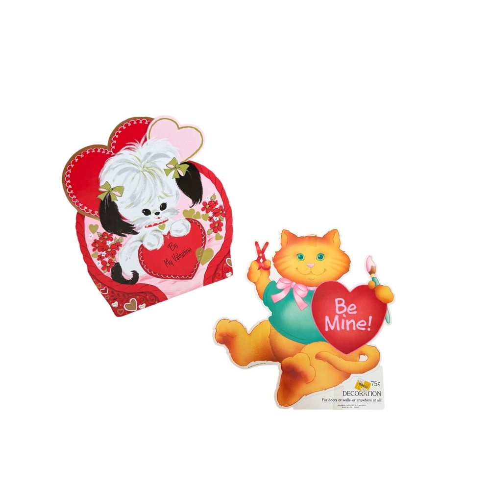 Vintage Valentines Day Die cut dog & cat holiday decor Kitchy retro collectible